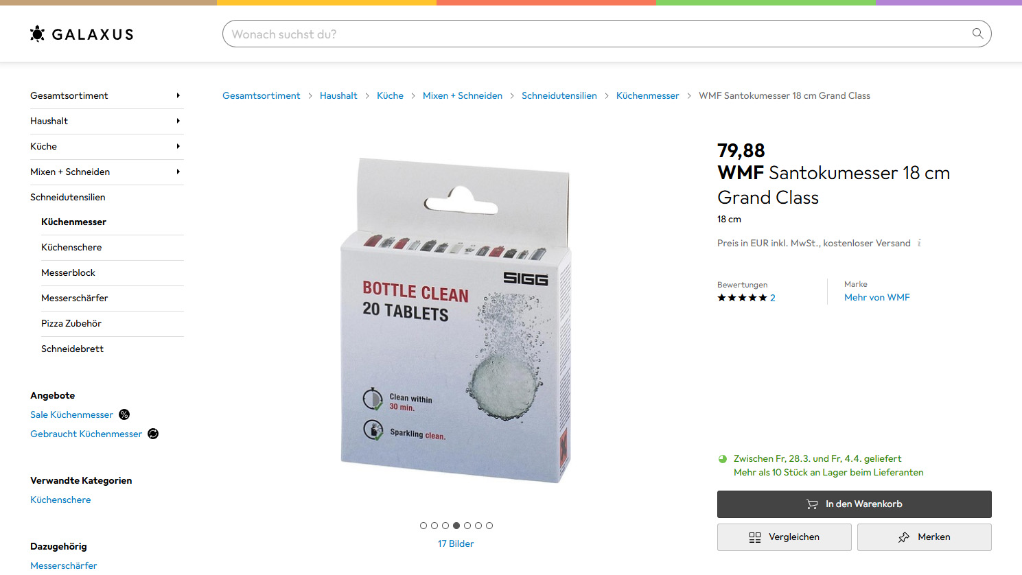 Screenshot der Produktdetailseite eines Küchenmessers mit falschen Produktbildern auf Galaxus