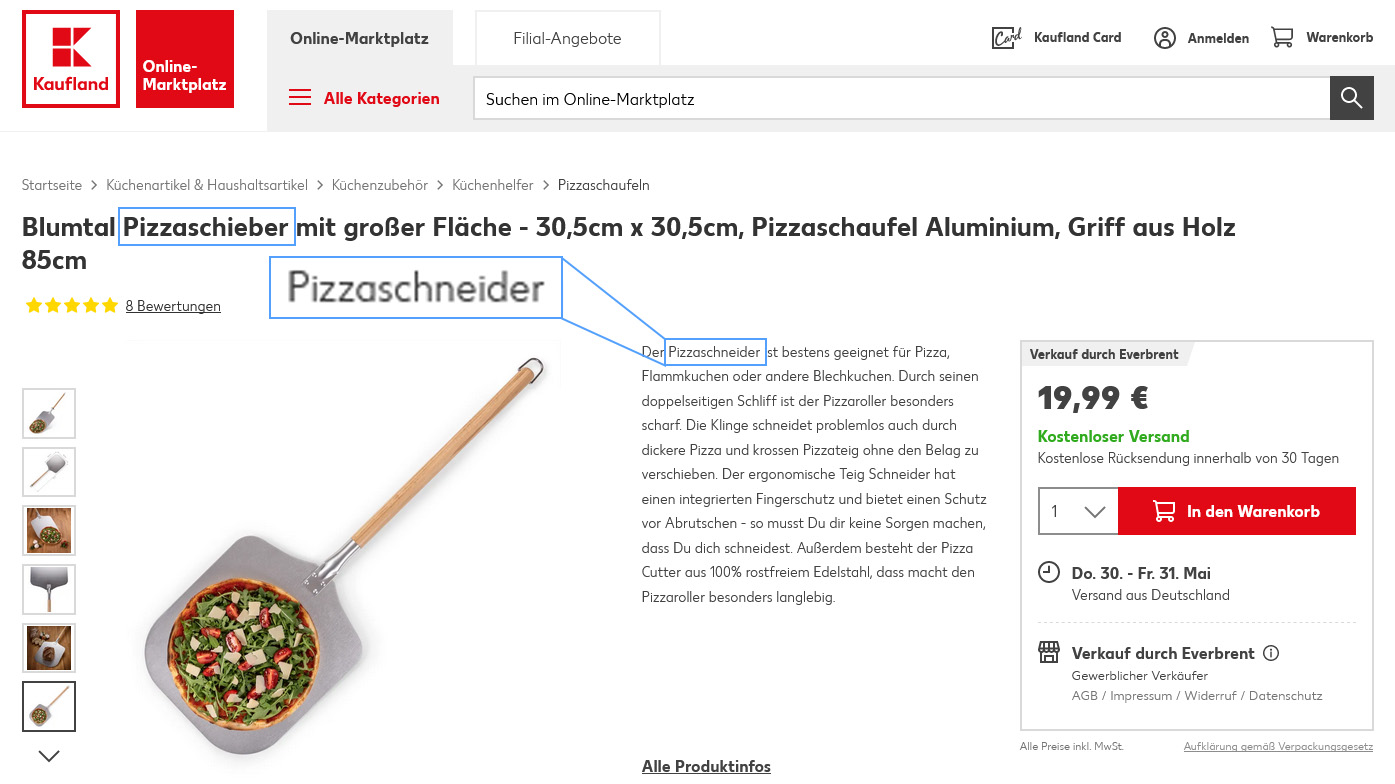 Screenshot der Produktdetailseite eines Pizzaschiebers mit fehlerhafter Produktbeschreibung auf dem Kaufland Online-Marktplatz