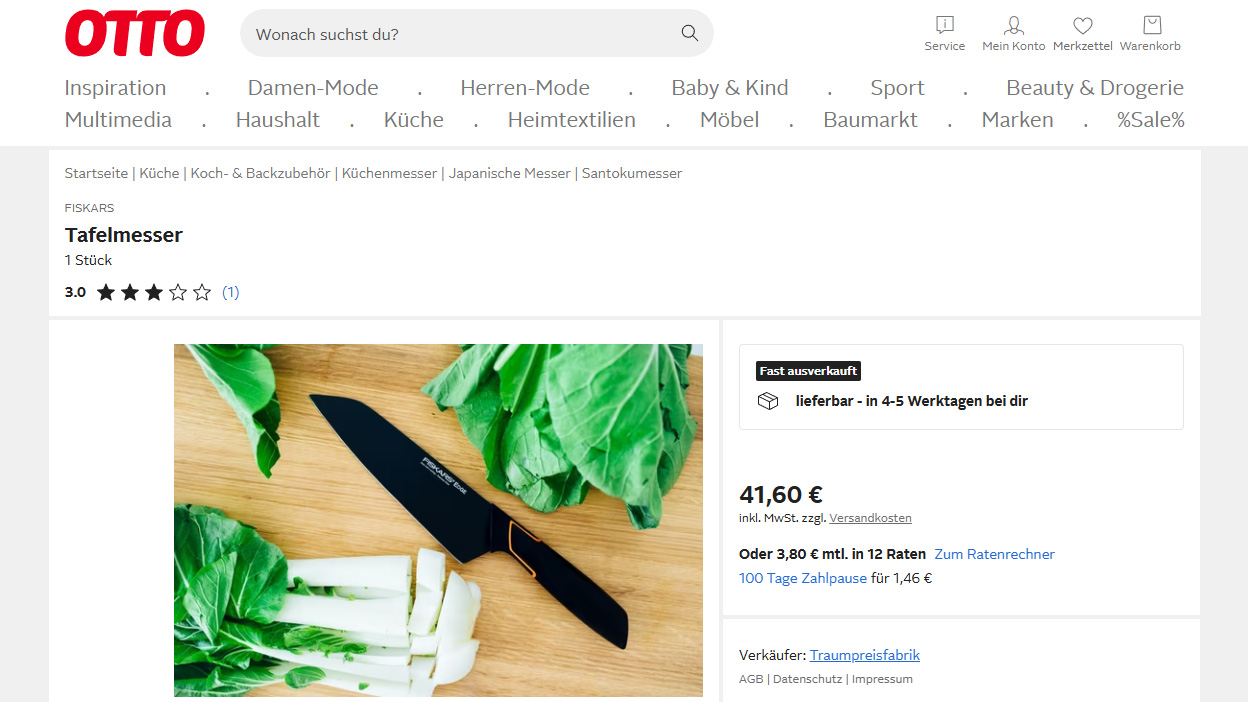 Screenshot der Produktdetailseite eines Küchenmessers von Fiskars auf otto.de