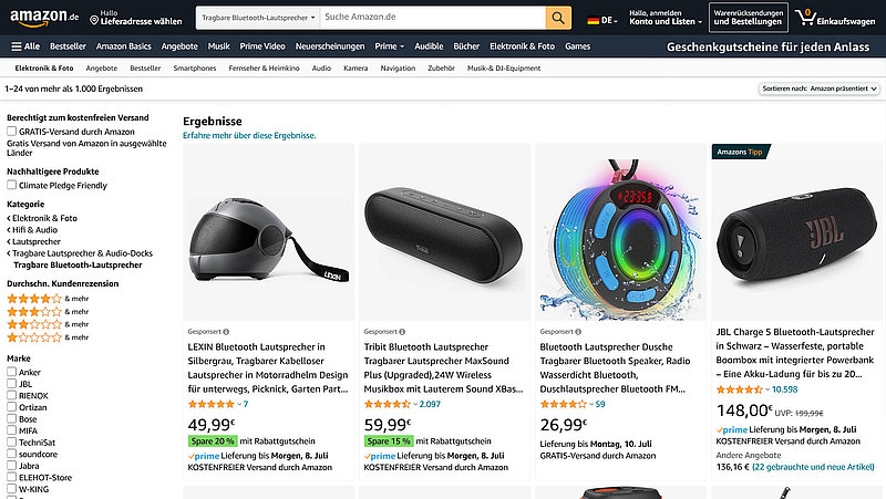 Suchergebnisseite von Amazon mit einer Liste an Bluetooth-Lautsprechern