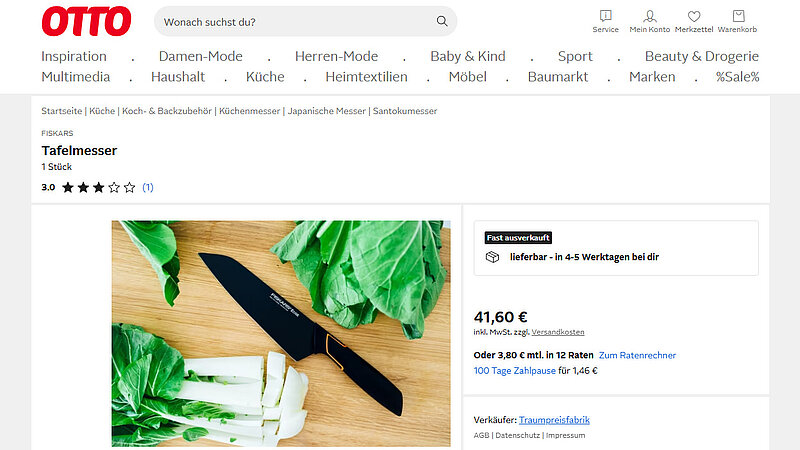Screenshot of the product detail page for a Fiskars kitchen knife on otto.de